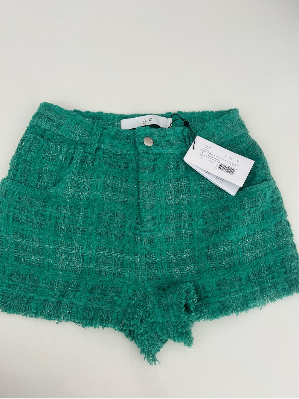 IRO Green Tweed High-Waist Shorts with Fringe Hem